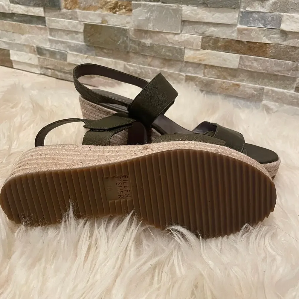 Eileen Fisher 10 Olive Leather Wedge Sandals | Espadrille Platform, Adjustable